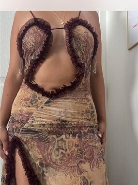 Fashion Nova Brown & Beige Backless Sheer Maxi Dress with Ruffle Trim